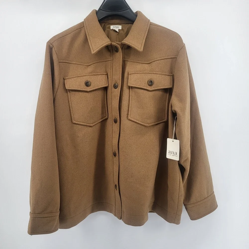 ANA a new approach Women's XL Camel Brown Button Down Lined Jacket‎ Shacket Coat